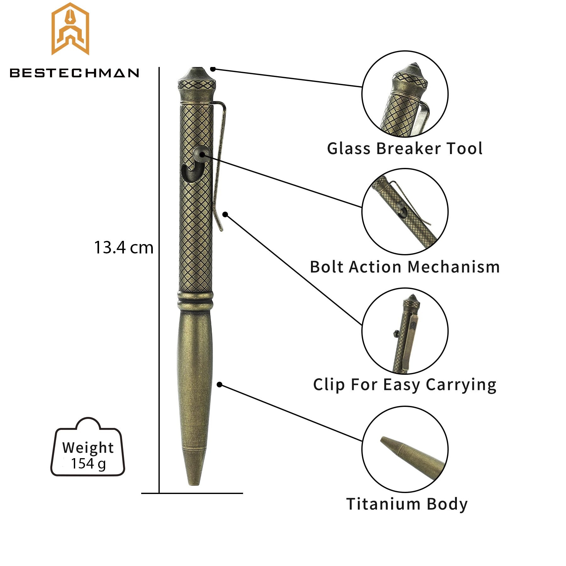 Bestechman Caneta Tatica Scribe Bronze Titanio Stonewash Quebra Vidros — foto 6