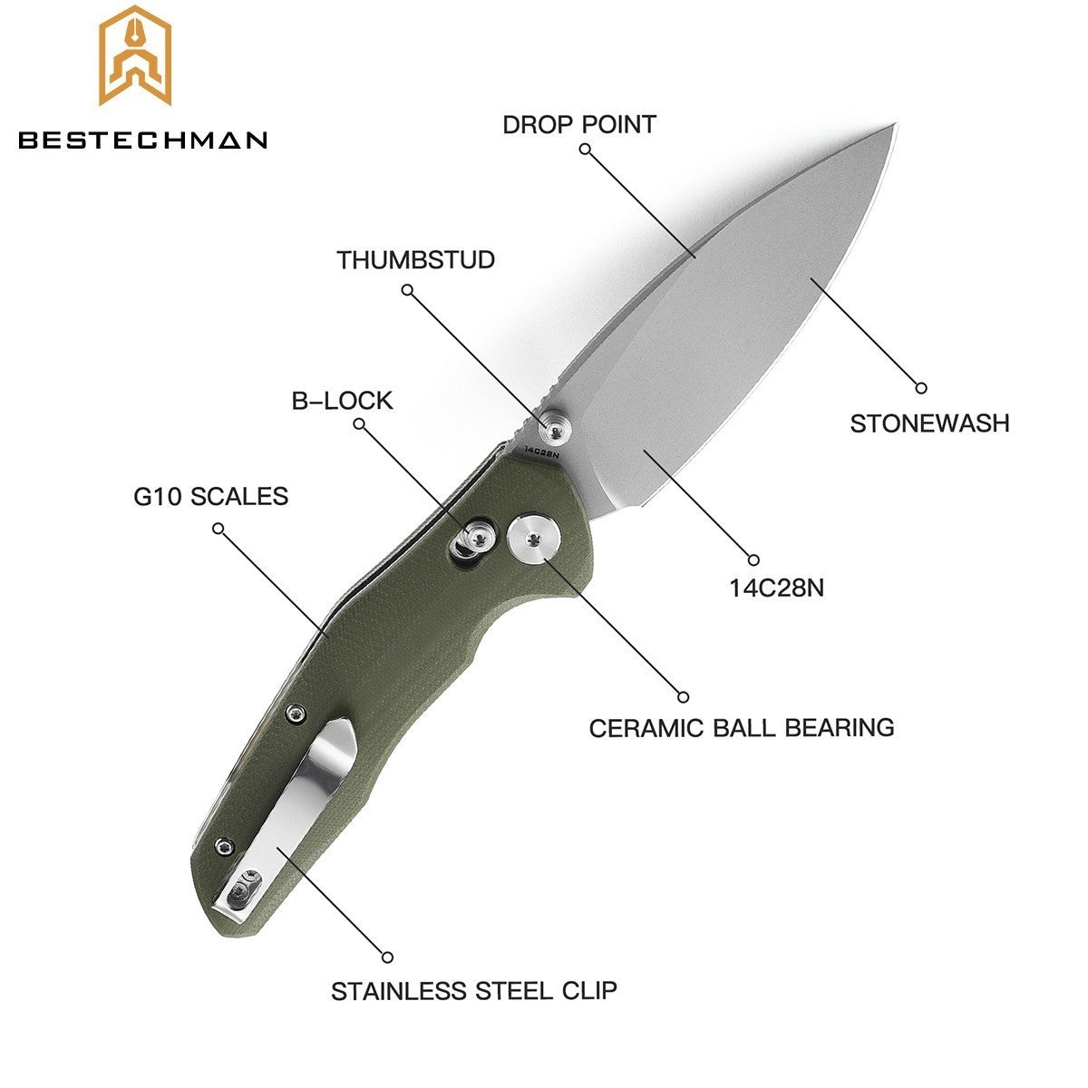 Bestechman Navalha Ronan Verde OD Stonewash  G10 14C28N — foto 5